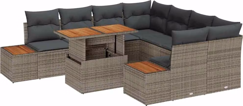 Set Divano da Giardino 9 pcs Grigio Poly Rattan