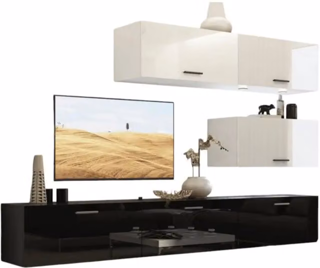 Set di mobili da soggiorno bianco e nero, sospesi collezione CEPTO XXV. 249cm, 6 mobili, led, modulari.