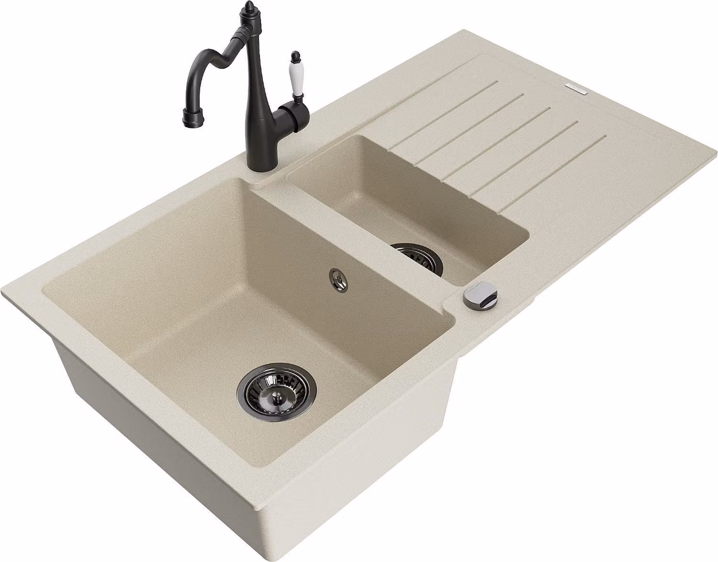 Mexen Matias lavello in granito a 1,5 vasche con scolapiatti e rubinetto da cucina Carla, beige - 6502-69-670700-70
