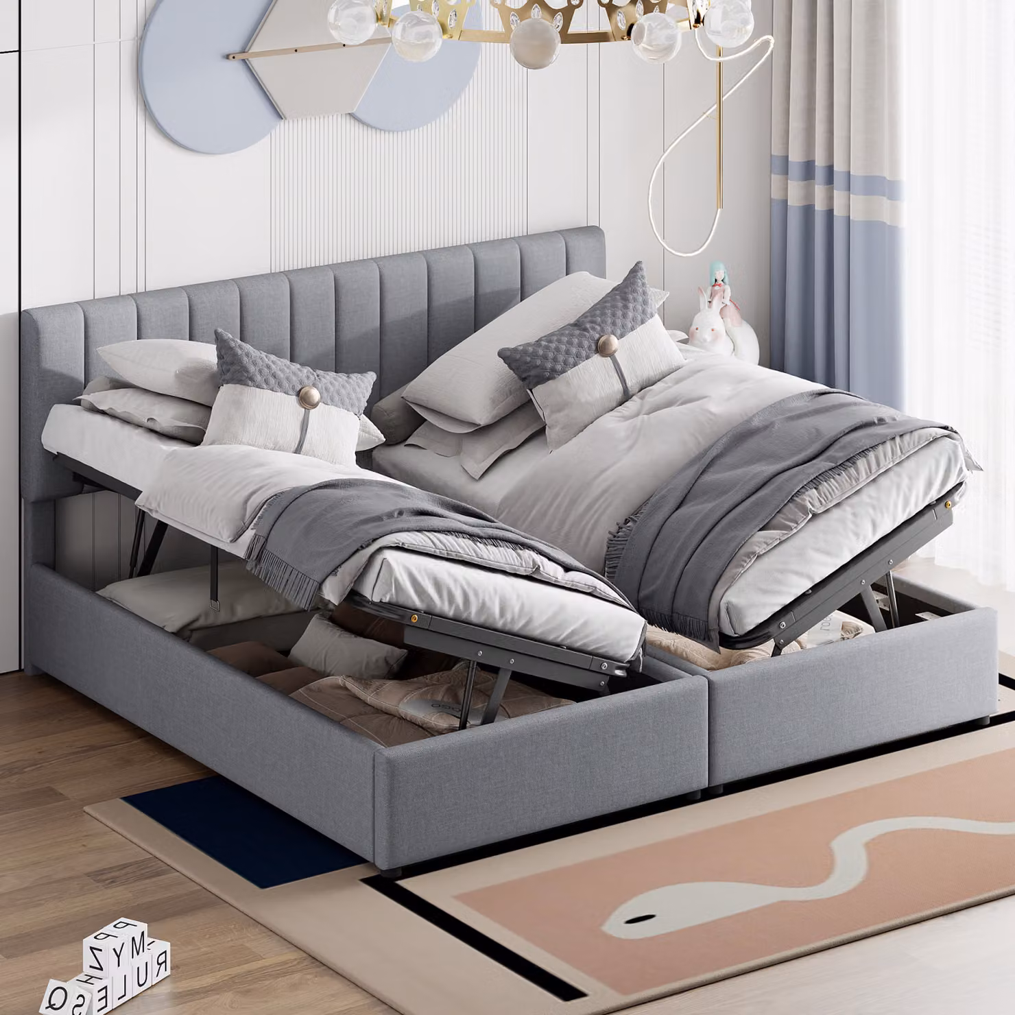 Letto imbottito Fortuna Lai 180x200 cm, H, letto matrimoniale con contenitore, letto funzionale idraulico, letto matrimoniale multifunzionale, per adulti e ragazzi, lino, grigio