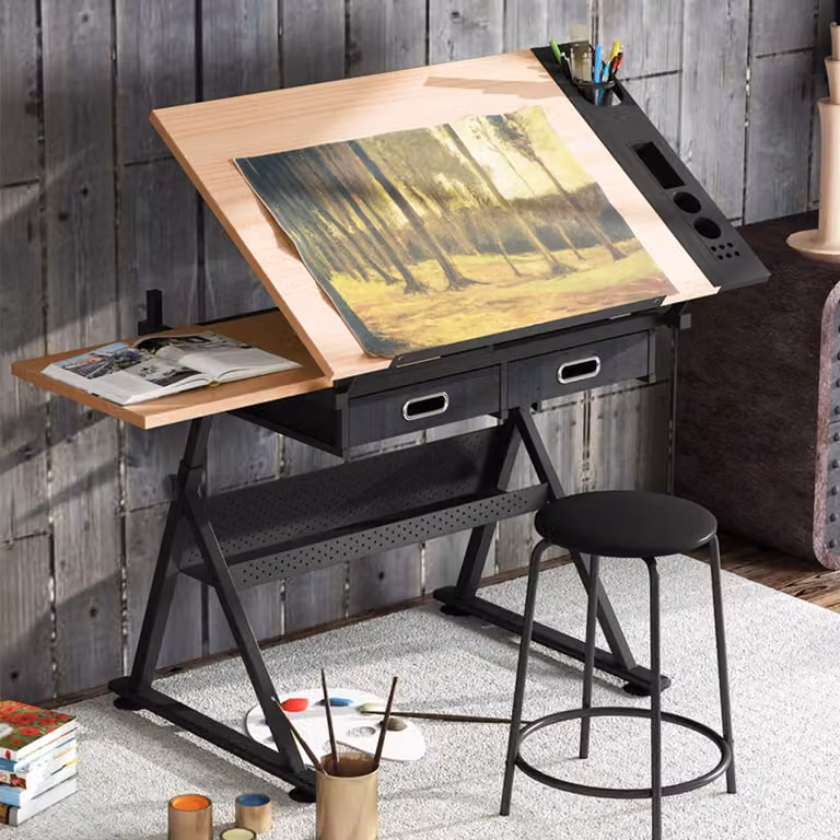 Costway Scrivania inclinabile e impermeabile con cassetti in MDF sgabello, Tavolo da disegno 119x60x73,5-98cm Nero