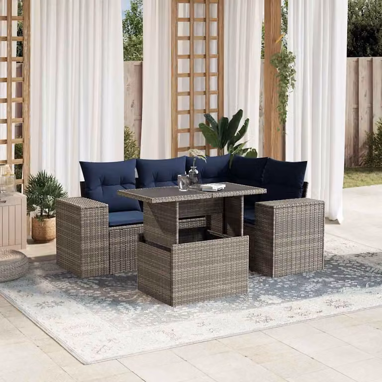Set da giardino vidaXL in polyrattan grigio con 5 pezzi, divani a L, tavolino e cuscini imbottiti