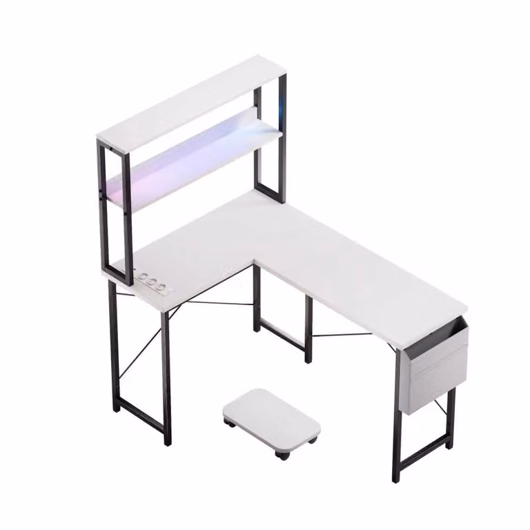 ZELURXX Scrivania da gioco a L, scrivania per computer da 148 cm, con LED, presa di corrente, USB, ripiano, portaoggetti, montabile su entrambi i lati, bianco
