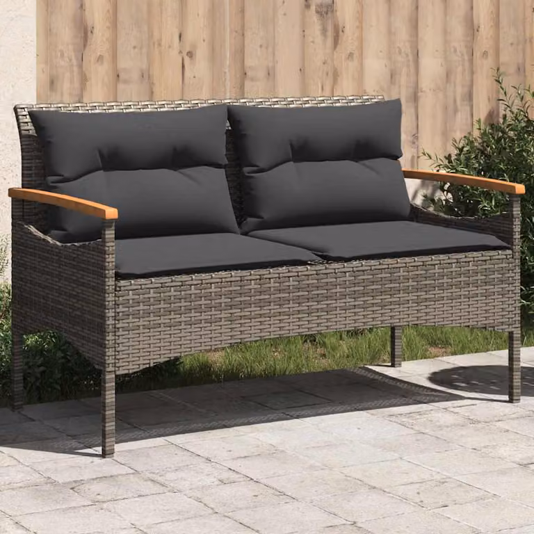 Panchina da giardino moderna vidaXL in rattan e legno di acacia con cuscini grigi L: 116 cm, P: 62,5 cm, H: 74 cm