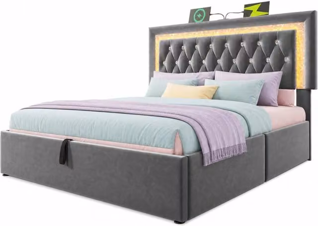 Letto matrimoniale 140x200 cm con contenitore idraulico; LED e USB-C in velluto grigio