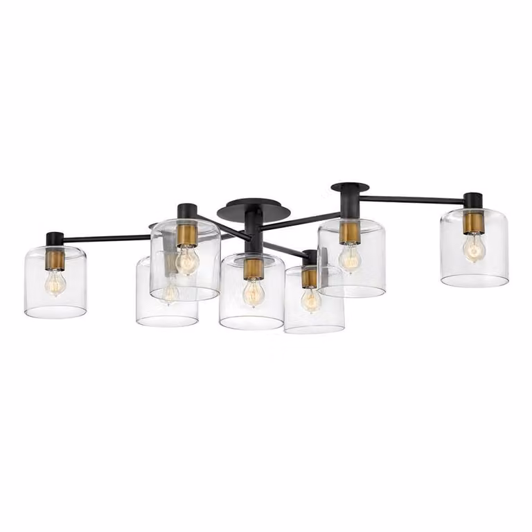 Elstead Axel Lampada da soffitto E27 a 7 luci, nera con ottone Heritage trasparente