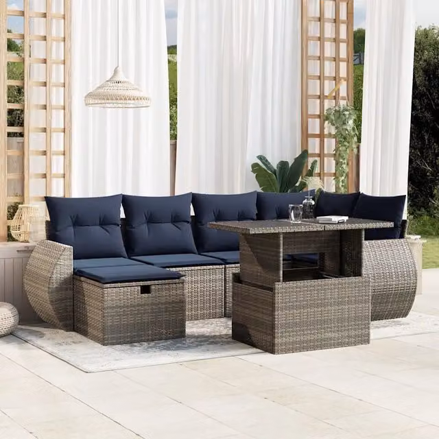 Set di divani da giardino vidaXL in polyrattan con cuscini grigi e blu, 7 pezzi