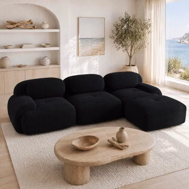 Divano angolare modulare senza montaggio in velluto a coste nero 298×178×70 cm