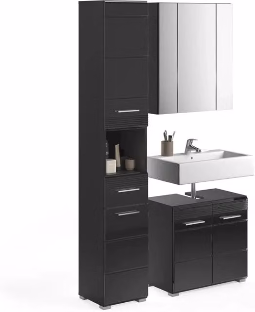 Set di mobili per bagno: Mobile sotto lavabo + colonna bagno + Mobiletto con specchi - Nero