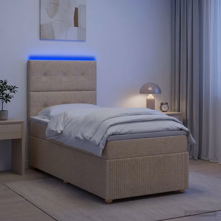 Letto Box Spring vidaXL con Materasso Ibrido e Illuminazione LED, Colore Beige e Bianco, L/P: 100 x 200 cm