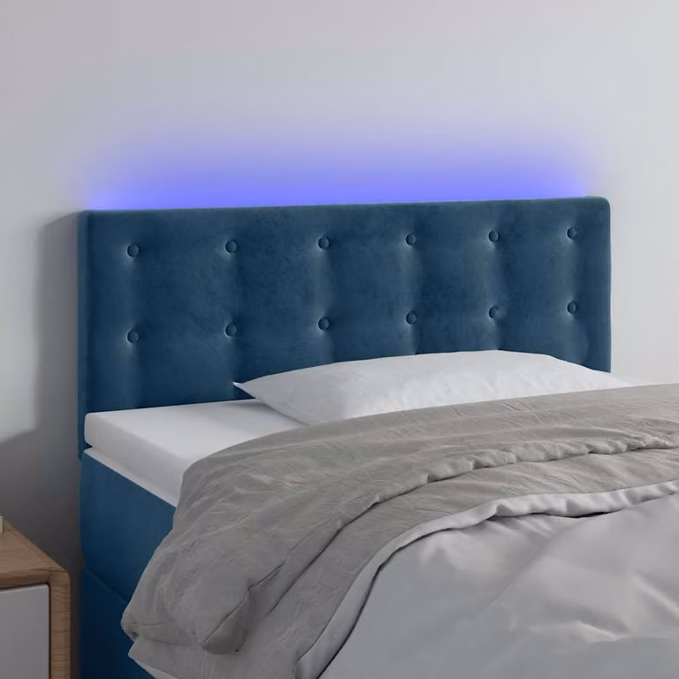 Testiera per letto vidaXL in velluto blu con illuminazione LED integrata e porta di ricarica USB, L 90 cm, P 5 cm, H 78-88 cm