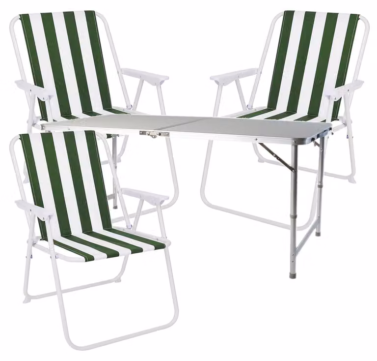 Set di mobili da campeggio in alluminio, composto da 4 pezzi, dimensioni 120x60x58/70 cm, colore verde e bianco