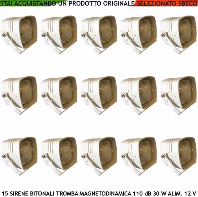 Set di 15 Sirene Securvera Altoparlanti Magnetodinamici Bitonali Bianchi con Amplificazione 30 W e Acustica 110 dB, Alimentazione 12 Vcc, Contenitore ABS IP65