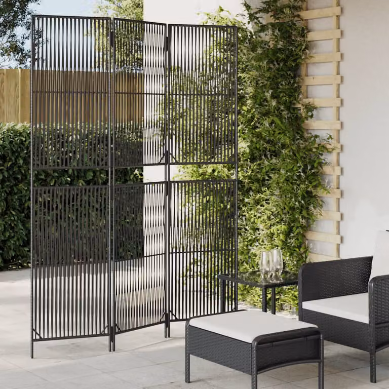 Divisorio per ambienti vidaXL a 3 pannelli in polyrattan e metallo nero, H: 147 cm, L: 200 cm