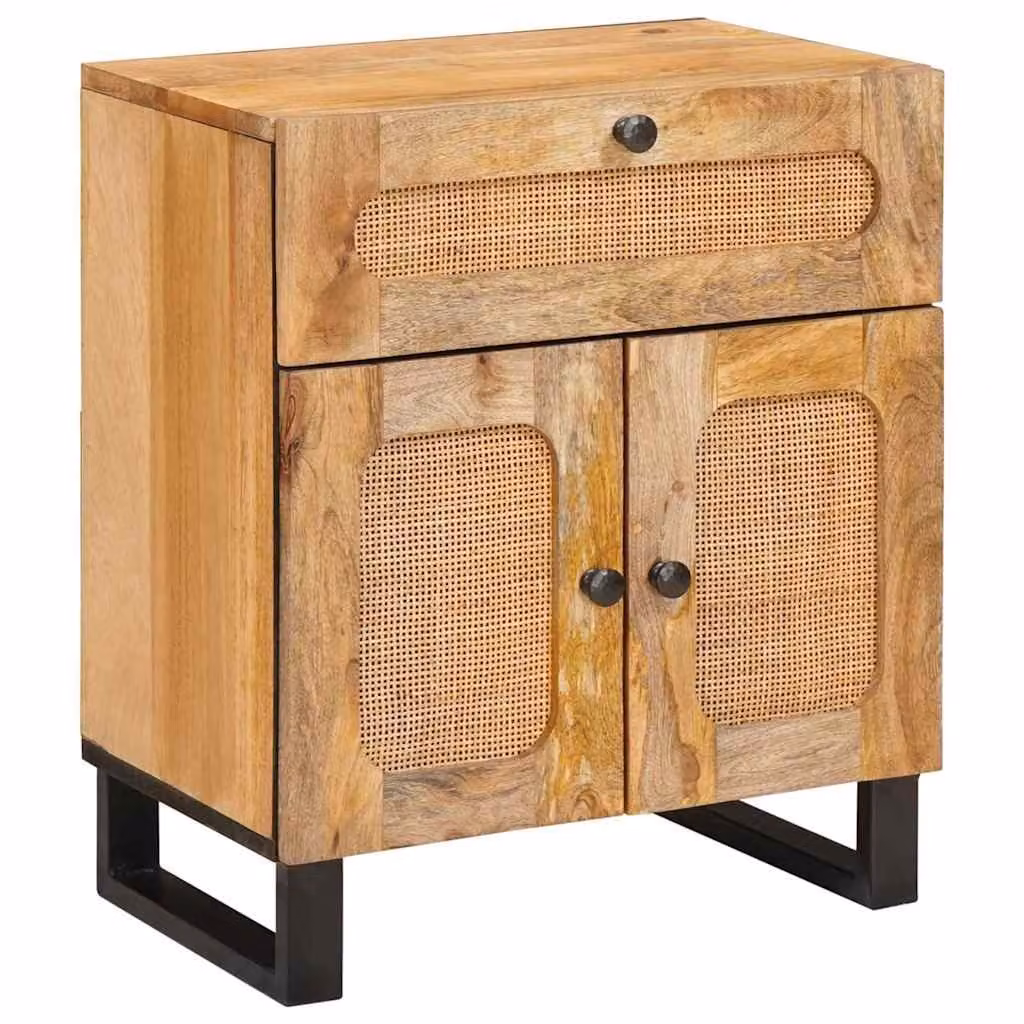 vidaXL Armadio da Notte in Legno di Mango Naturale con Cassetto, Colore Beige e Marrone, L 50 cm x P 33 cm x H 60 cm