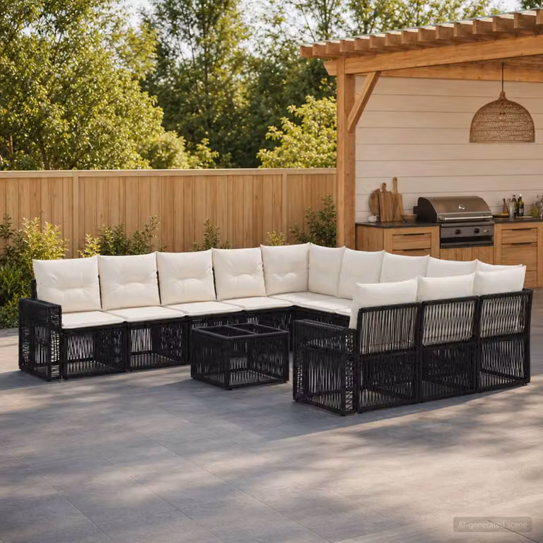 Set Divano da Giardino vidaXL 12 pz a forma a U con Tavolino, Polyrattan e Struttura in Acciaio Verniciato, Colore Nero e Bianco Crema