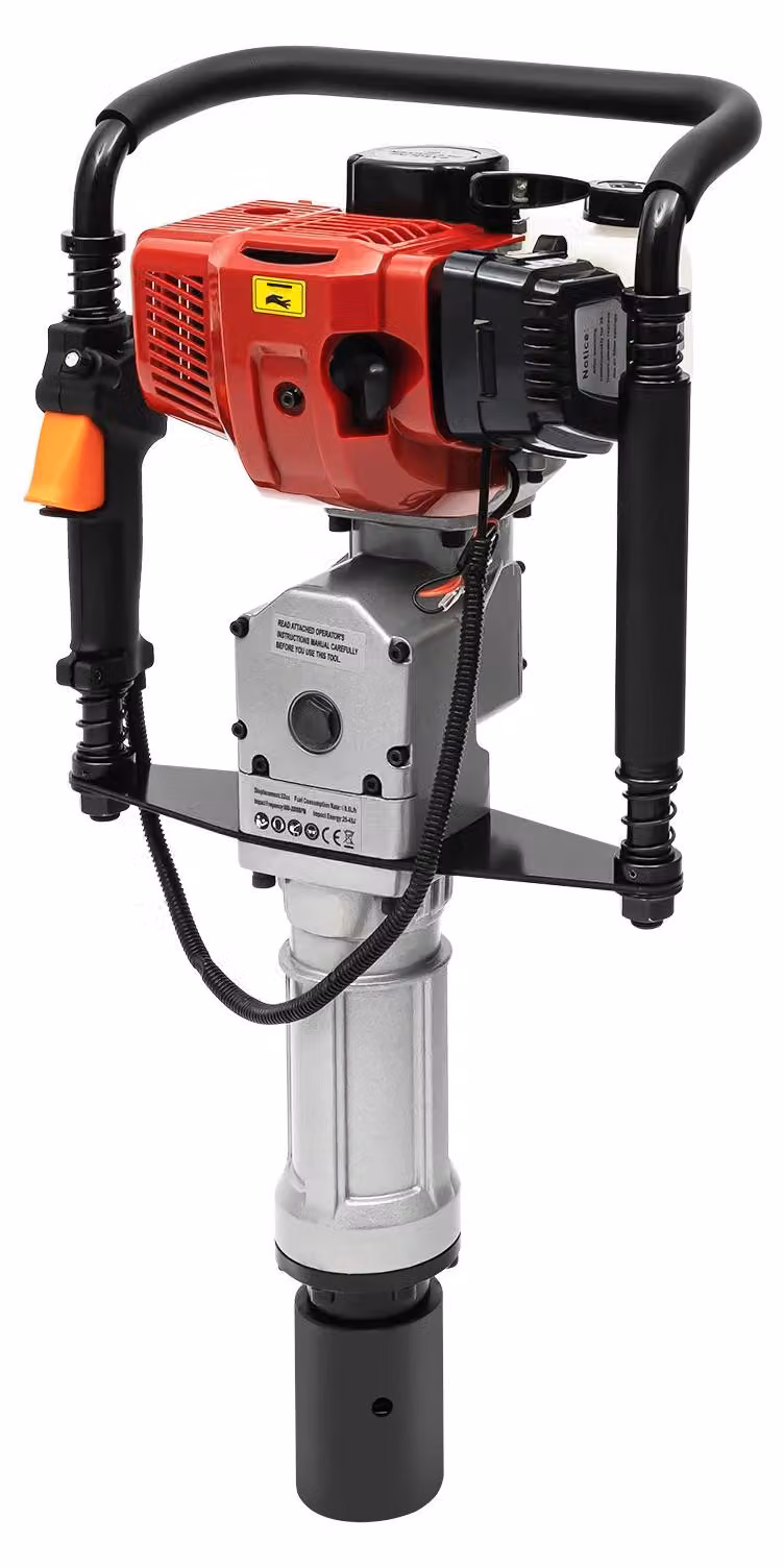 Martello vibrante a benzina - 52cc, motore a 2 tempi - Materiale: lega di alluminio - Serbatoio: 1 litro - Frequenza di impatto: 1300–3000 colpi/minuto - Energia di impatto: 20–55 Joule - Colore: argento