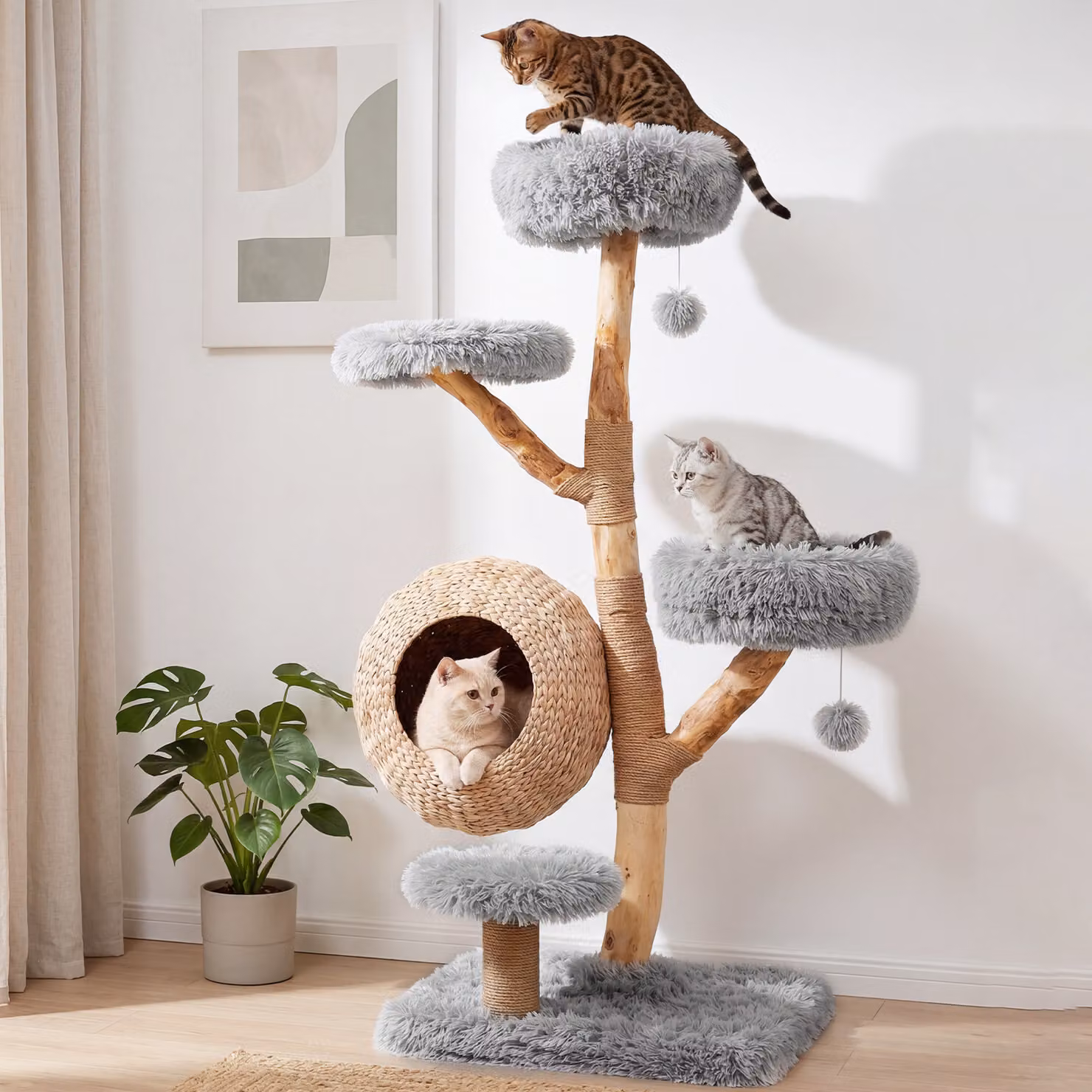 Albero per gatti da interno Costway Grigio con 2 posatoi, 2 piattaforme di salto, tiragraffi in legno e cuscino lavabile