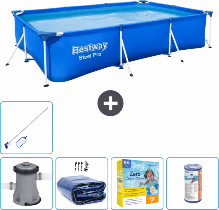 Piscina Bestway Pro rettangolare in acciaio - 300 x 201 x 66 cm - Blu - inclusa pompa - tenda da sole - pacchetto manutenzione - filtro - kit pulizia