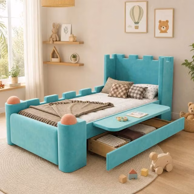 Letto singolo imbottito per bambini a castello 90x200 cm con ripiano pieghevole e cassetto; blu-verde