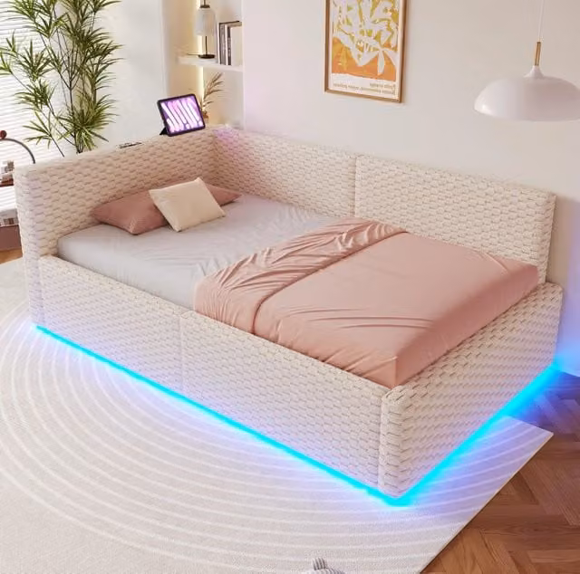 Letto imbottito 90x200 cm beige in velluto con LED, USB-C, contenitore idraulico