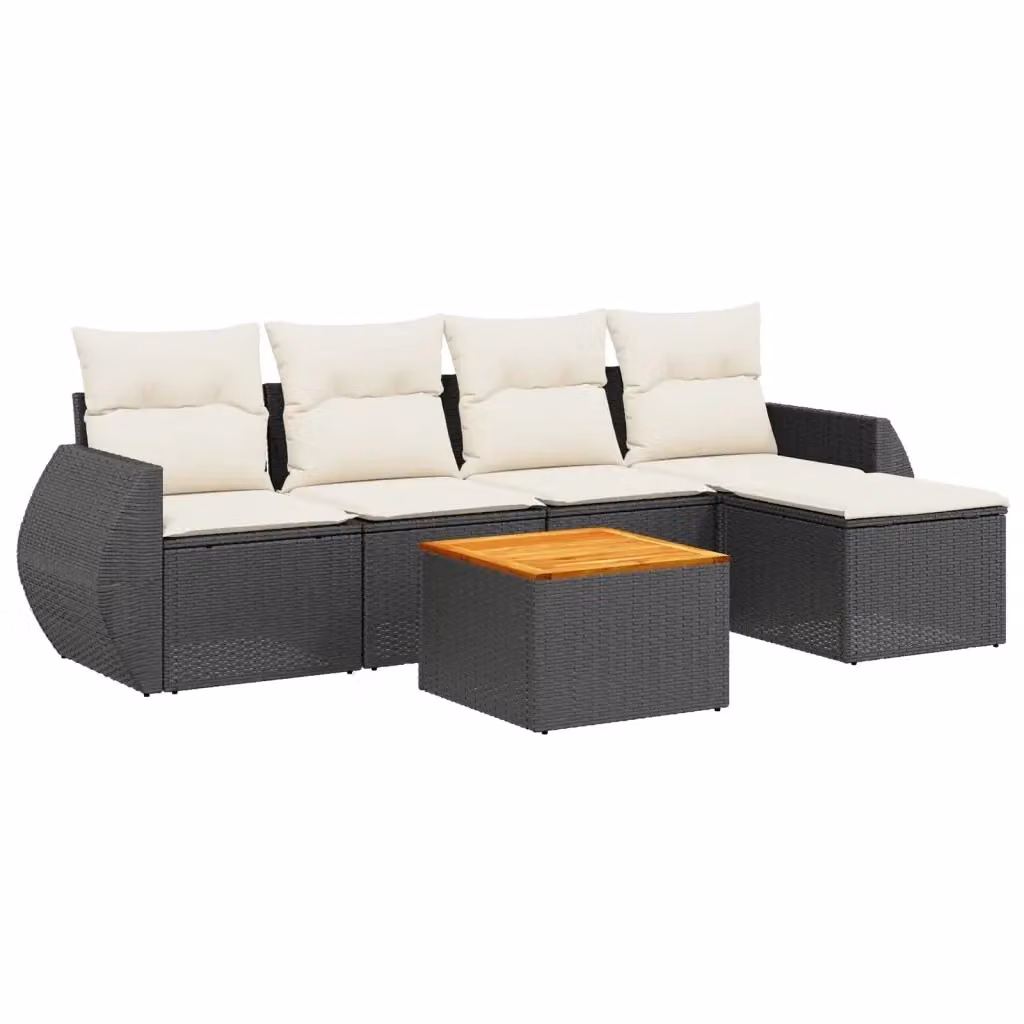 vidaXL Set Divano da Giardino a L con Cuscini, 6 Pezzi, Nero e Bianco, in Polyrattan e Legno di Acacia con Tavolino e Ottoman – 2