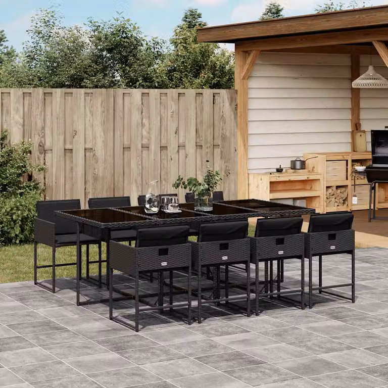 Set da pranzo da giardino vidaXL in polyrattan nero con cuscini e tavolo in vetro, 9 pezzi