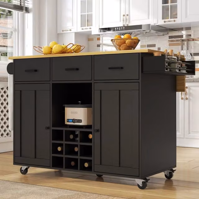 Carrello da cucina con piano pieghevole, 3 cassetti, 2 ante, portabottiglie e ruote, nero, 104 × 39,5 × 91,5 cm