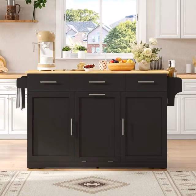 Carrello da cucina con 3 cassetti, 2 ripiani anta, vano pattumiera e prese, nero naturale, 136 × 50 (75) × 92 cm