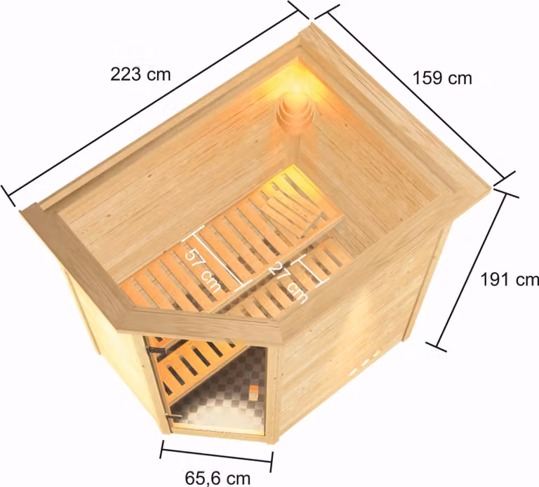 Sauna Woodfeeling Jella (ingresso ad angolo), porta tutto vetro, bronzata, riscaldatore 3,6 kWriscaldatore esterno controllo moderno