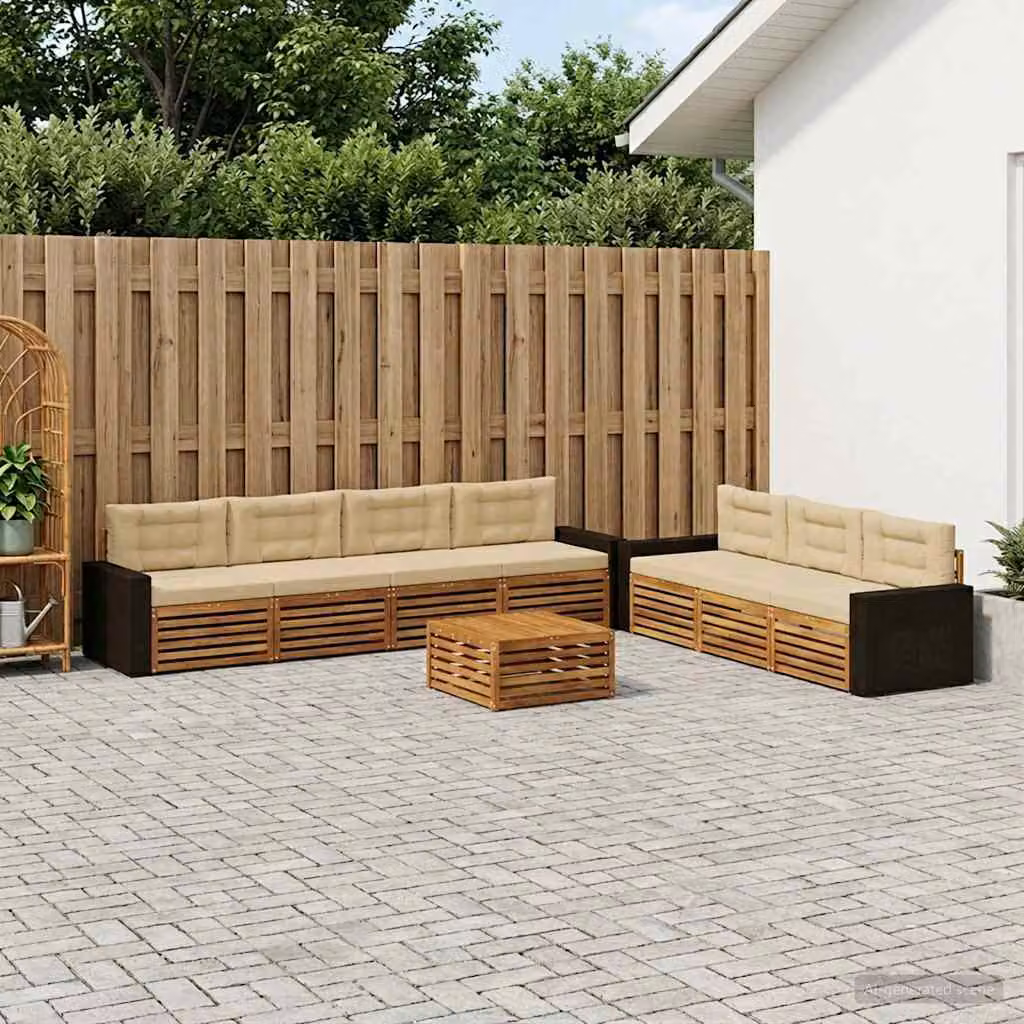 Set di divani da esterno vidaXL 8 pz a forma di L in legno di acacia con tavolino e cuscini, Beige e Sabbia