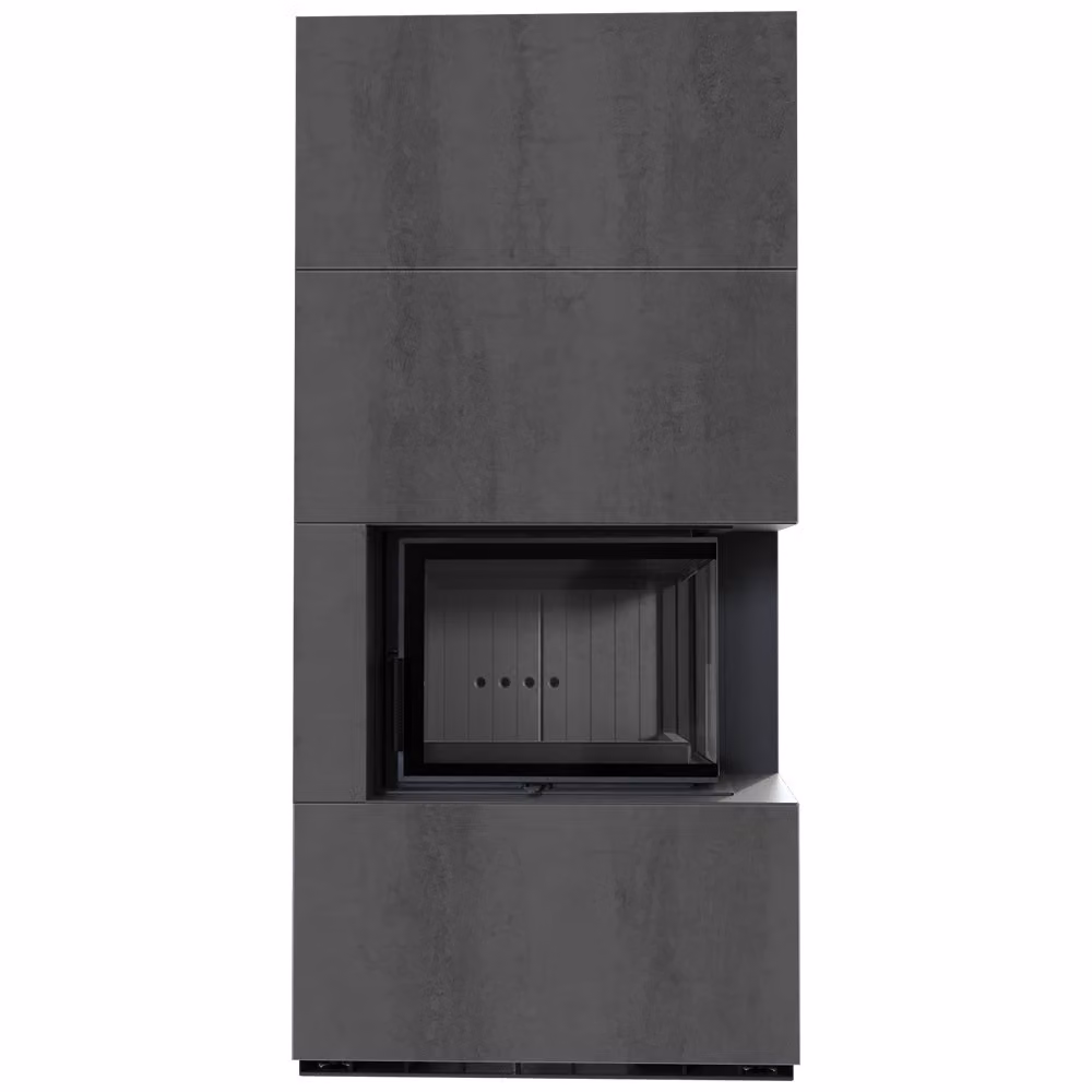 Kit camino KRATKI FLOKI BOX destro 8 kW Ø 160 quarzo sinterizzato NATURALI PIETRA DI SAVOIA ANTRANCITE BOCCIARDATA rivestimento nero