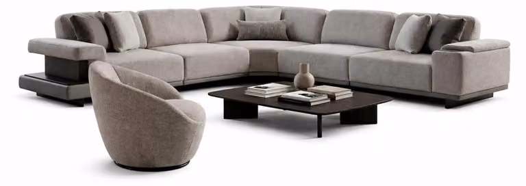 Set da salotto moderno grigio: divano ad angolo di design e comoda poltrona in tessuto