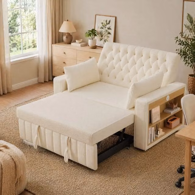 Divano letto moderno MIVRAY in tessuto beige con funzione letto a cassetto L: 140 cm, P: 84 cm, H: 76 cm