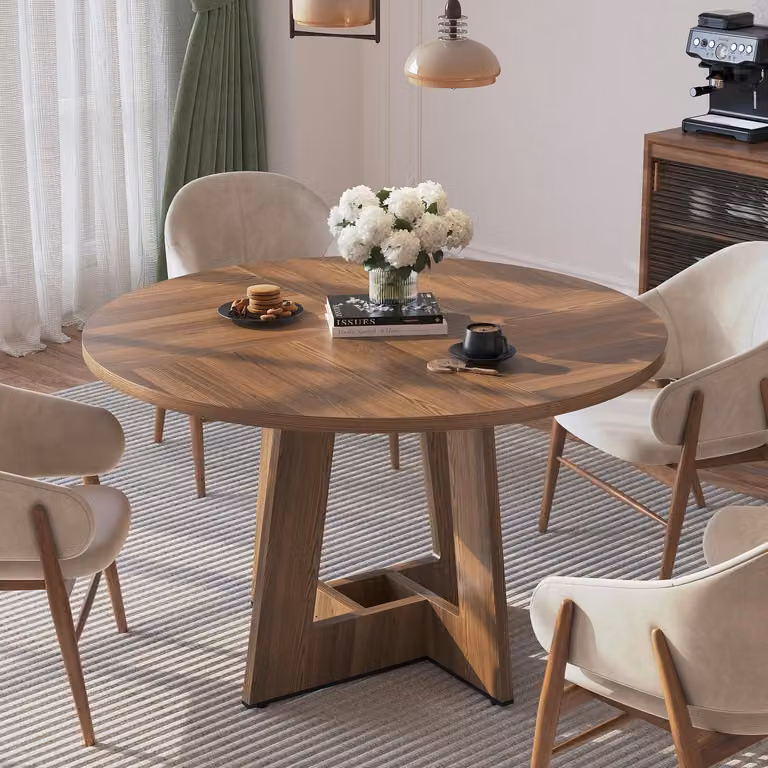Tavolo rotondo per 4-6 persone, diametro 120 cm, aspetto legno, colore marrone, robusto e facile da montare