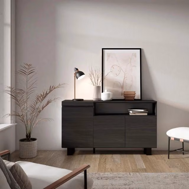 Credenza, Mobile, 150x35x87cm, 3 Porte, Design industriale, Nero RF2513