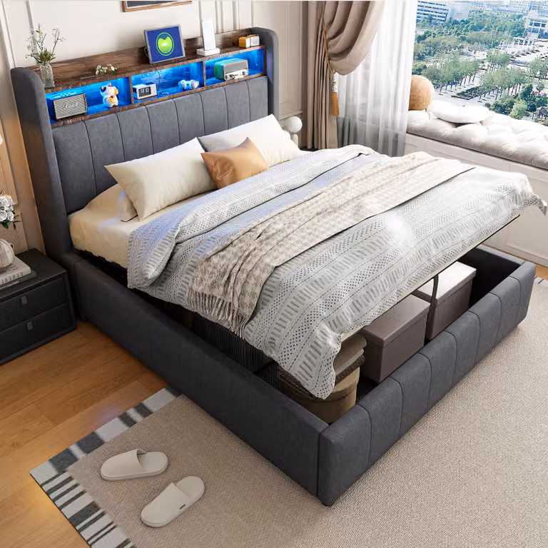 Letto imbottito Flieks 140x200 cm con USB e Type-C, letto boxspring con contenitore, testiera con LED e vano portaoggetti, letto matrimoniale per ragazzi, tessuto in lino, grigio