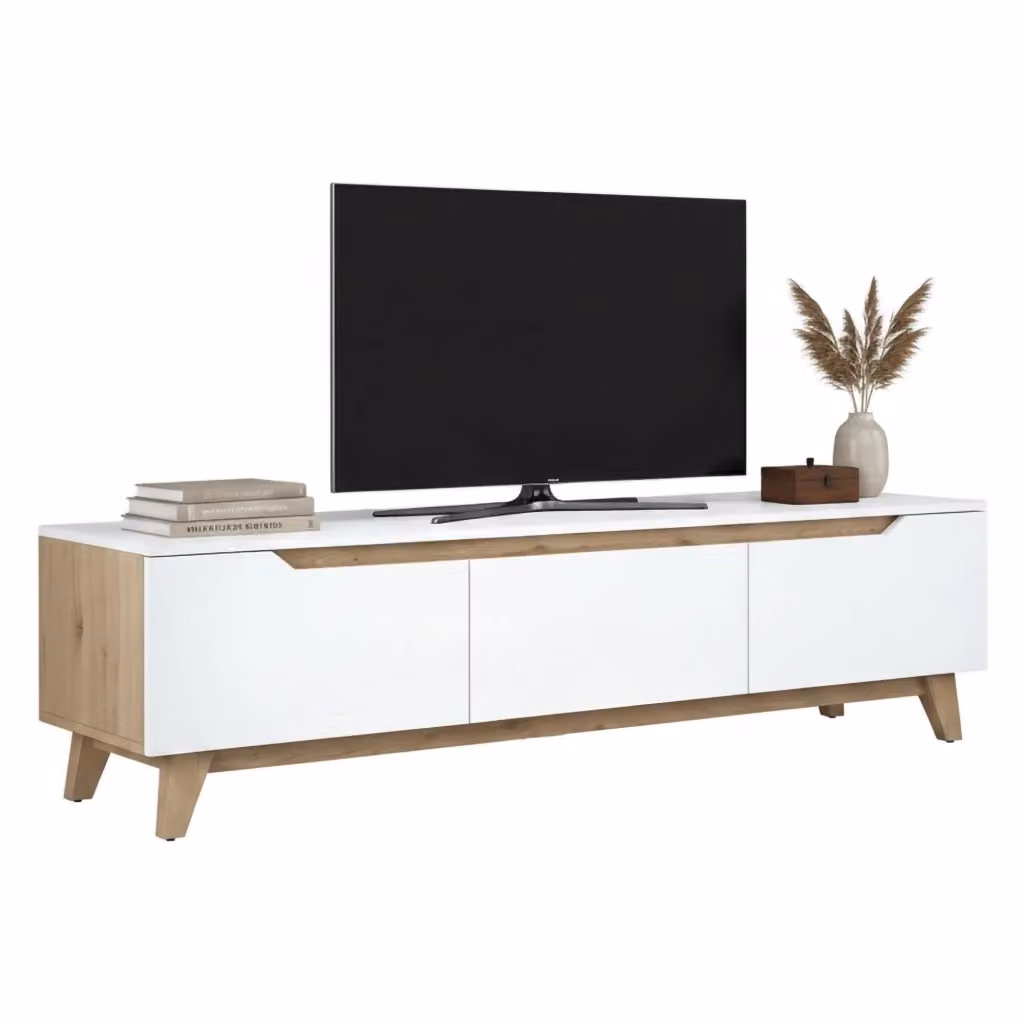 Mobile porta TV Apatite DMORA, Credenza moderna per soggiorno in Bianco e Rovere, L: 180 cm, P: 35 cm, H: 48,6 cm – 2