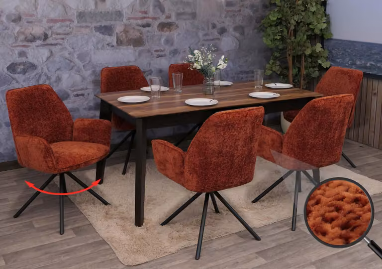 Set di 6 sedie da pranzo modello HWC-G67, sedia per cucina con braccioli, girevole, con sistema di auto-blocco, in tessuto chenille, , colore: rosso ruggine