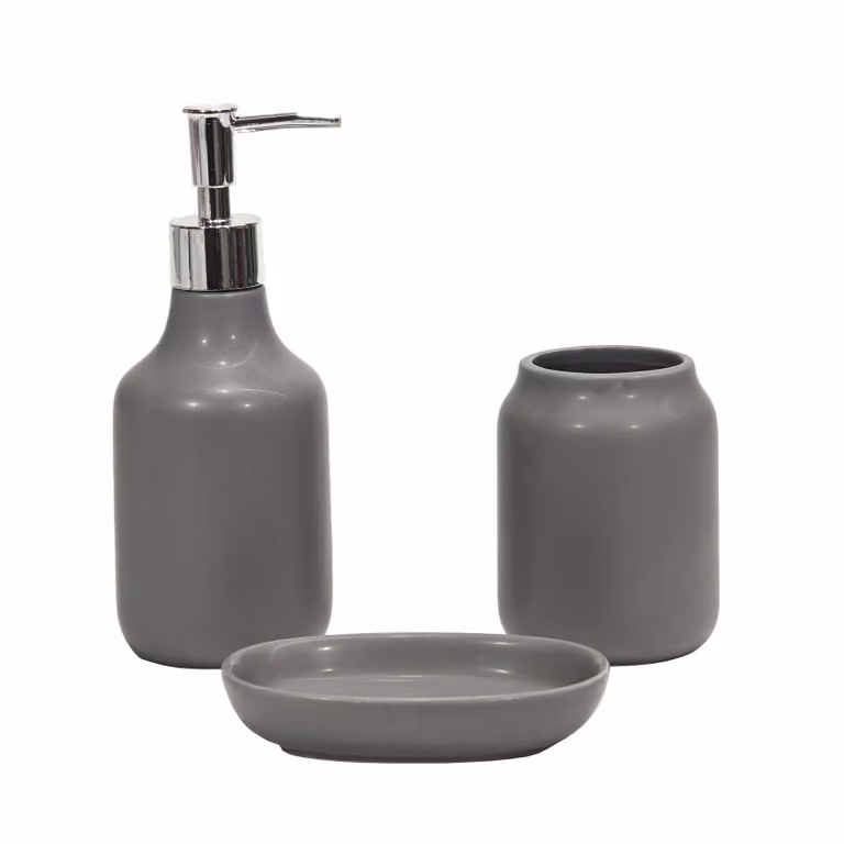 VESTIAMO CASA Set Bagno in Ceramica Grigio composto da Dispenser di Sapone, Portaspazzolini e Portasapone