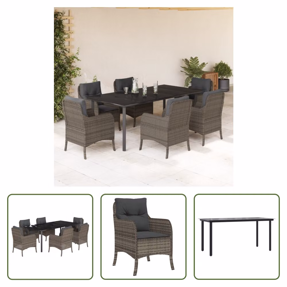 The Living Store Set da pranzo da giardino 7 pezzi con cuscini in poly rattan grigio