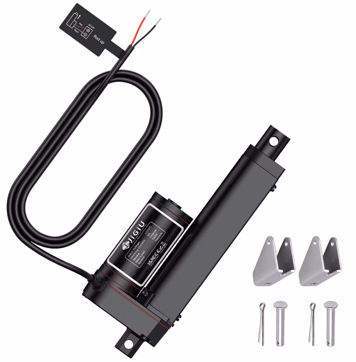 Attuatore lineare, corsa 100 mm, forza 750N, alimentazione 12V DC, grado di protezione IP65 (resistente all'acqua), motore elettrico