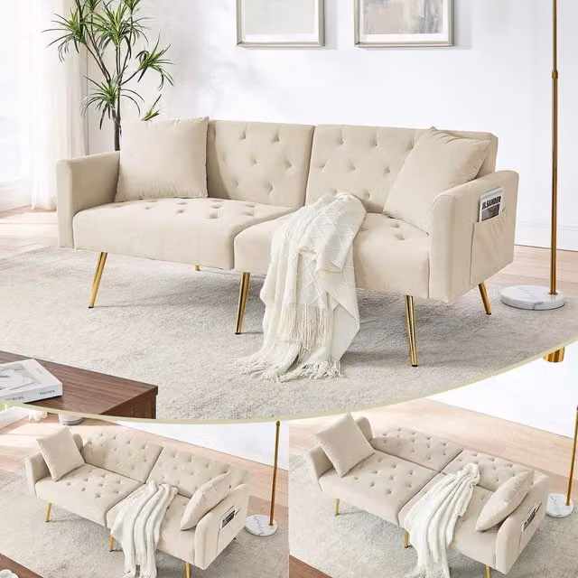 Divano 2 posti in velluto ¨C Minimal ¨C Beige, gambe in metallo, con 2 cuscini, schienale regolabile