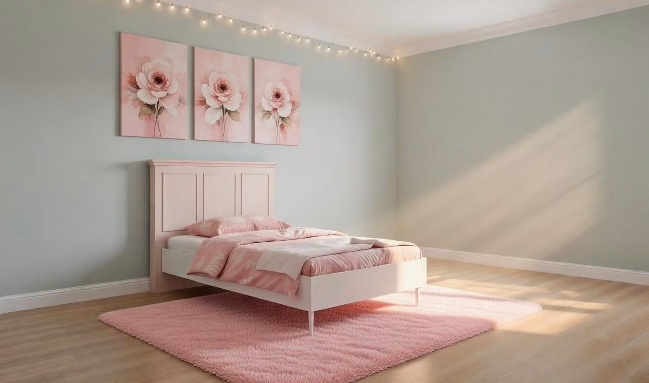 Letto matrimoniale nei toni del rosa e del bianco, con struttura in legno di alta qualità, ideale per la camera da letto