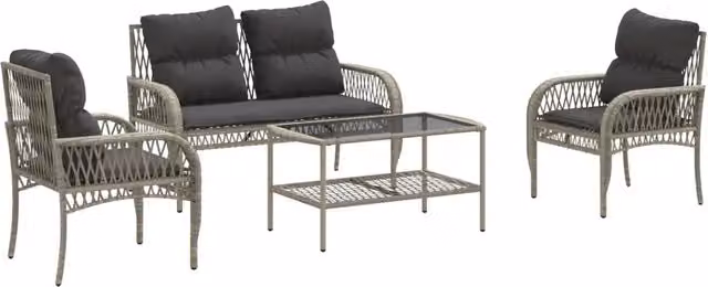 Set Salotto da Giardino Moderno DESIGN IN in Polyrattan Grigio con Divano a 2 Posti, Poltrone, Tavolino e Cuscini