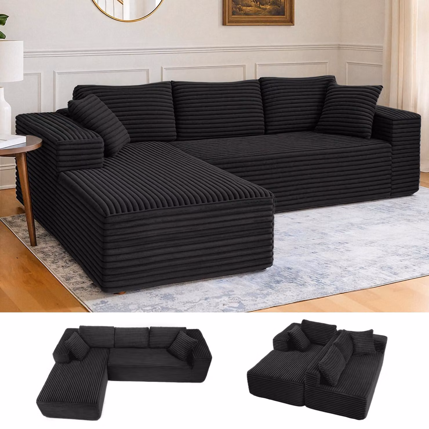 COMHOMASofa Divano grande, divano a L, divano angolare, divano letto chaise longue con seduta profonda e ampi braccioli, tessuto a coste, nero-R