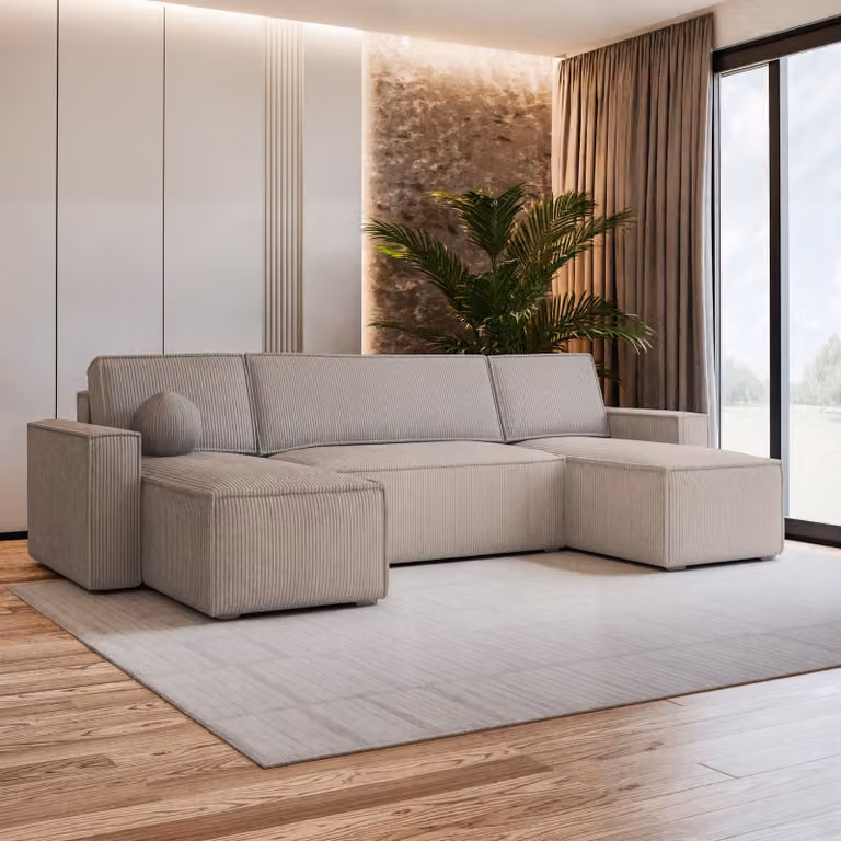 Divano angolare Masseno PESANO P con funzione letto a U, divano con box letto, divano da salotto, divano, divano, divano letto, set di divani - beige, POSO 02