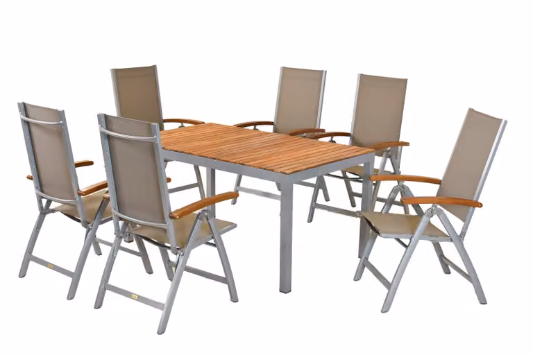 Set di mobili da giardino Merxx Naxos 7 pezzi, 6 sedie pieghevoli, 1 tavolo 150 x 90 cm - alluminio/tessuto/acacia