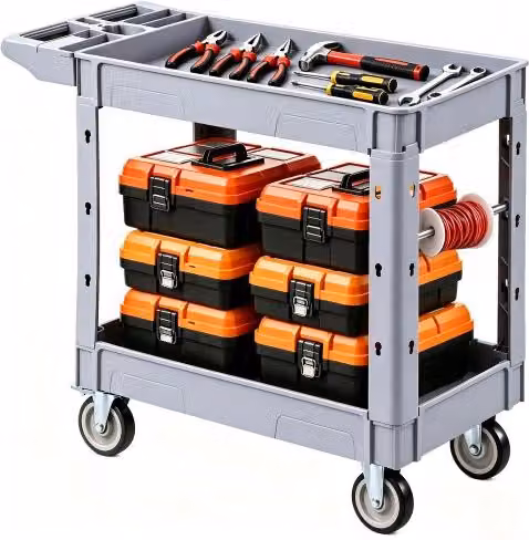 Carrello di Servizio VEVOR Grigio con 2 Ripiani e Ruote Girevoli a 360°, Portata 250 kg, L/P/H: 84,5 x 101 x 44 cm