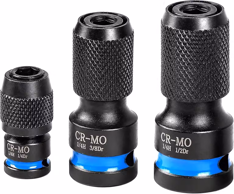 Set di adattatori per avvitatore a percussione, composto da 3 pezzi, con attacchi da 1/2", 3/8" e 1/4", realizzati in acciaio cromo-vanadio, per utensili
